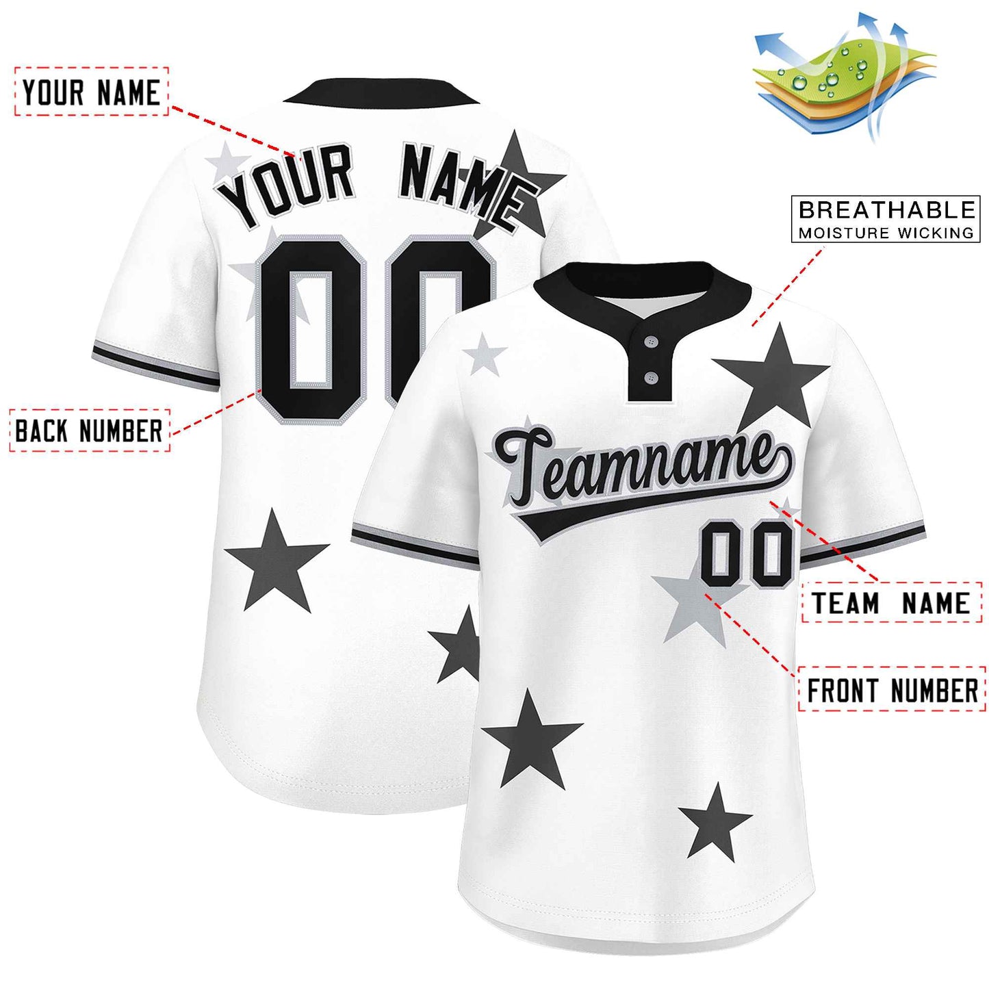 Custom White Black Personalized Star Graffiti Pattern Authentic Two-Button Baseball Jersey