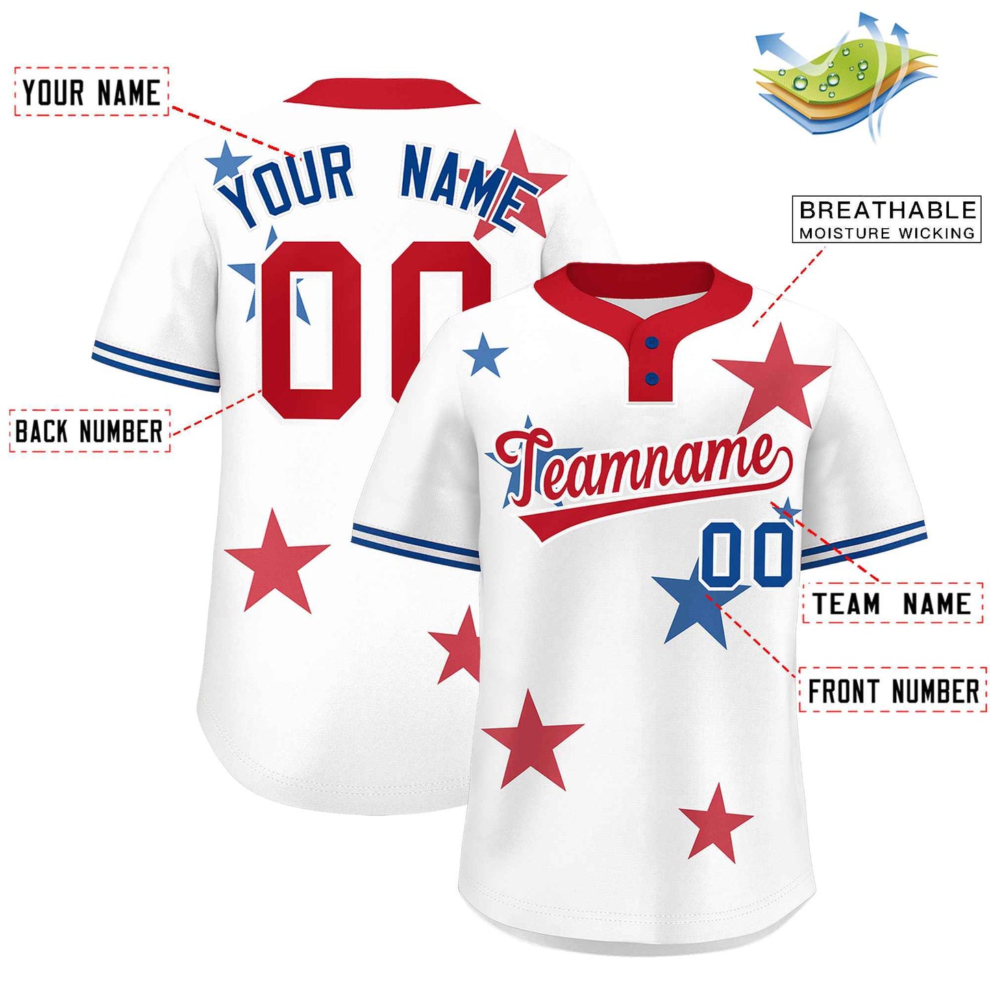 Custom White Red Personalized Star Graffiti Pattern Authentic Two-Button Baseball Jersey