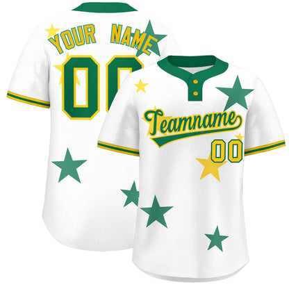 Custom White Kelly Green Personalized Star Graffiti Pattern Authentic Two-Button Baseball Jersey