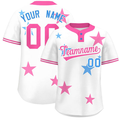 Custom White Pink Personalized Star Graffiti Pattern Authentic Two-Button Baseball Jersey