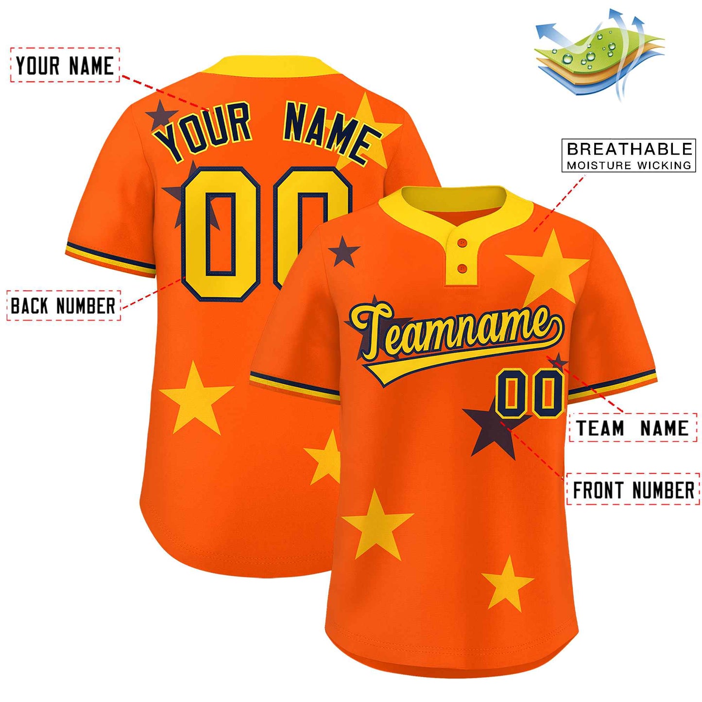 Custom Orange Gold Personalized Star Graffiti Pattern Authentic Two-Button Baseball Jersey