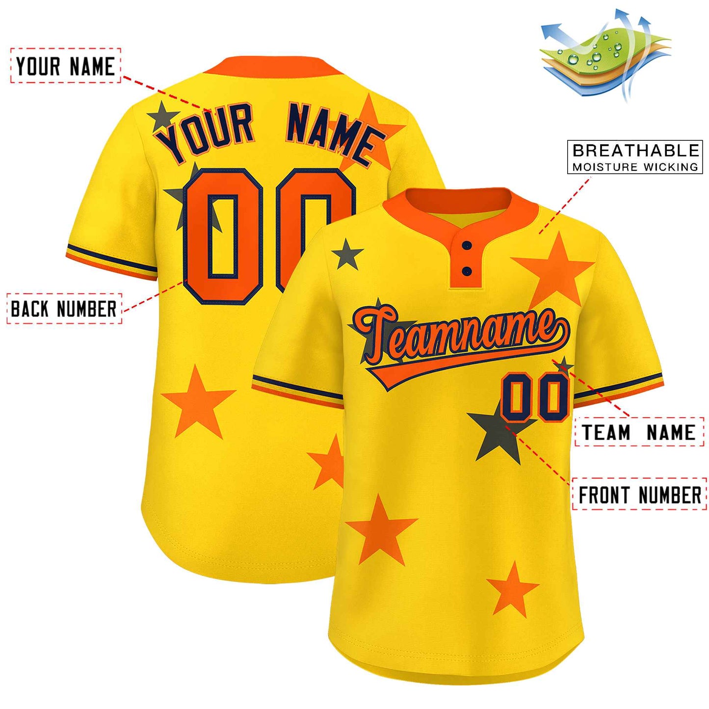 Custom Gold Orange Personalized Star Graffiti Pattern Authentic Two-Button Baseball Jersey