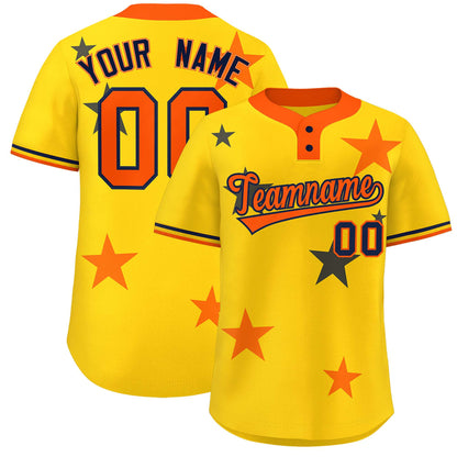 Custom Gold Orange Personalized Star Graffiti Pattern Authentic Two-Button Baseball Jersey