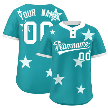 Custom Aqua White Personalized Star Graffiti Pattern Authentic Two-Button Baseball Jersey