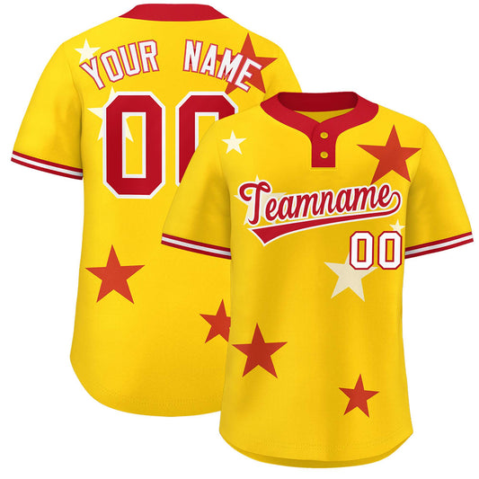 Custom Gold Red Personalized Star Graffiti Pattern Authentic Two-Button Baseball Jersey