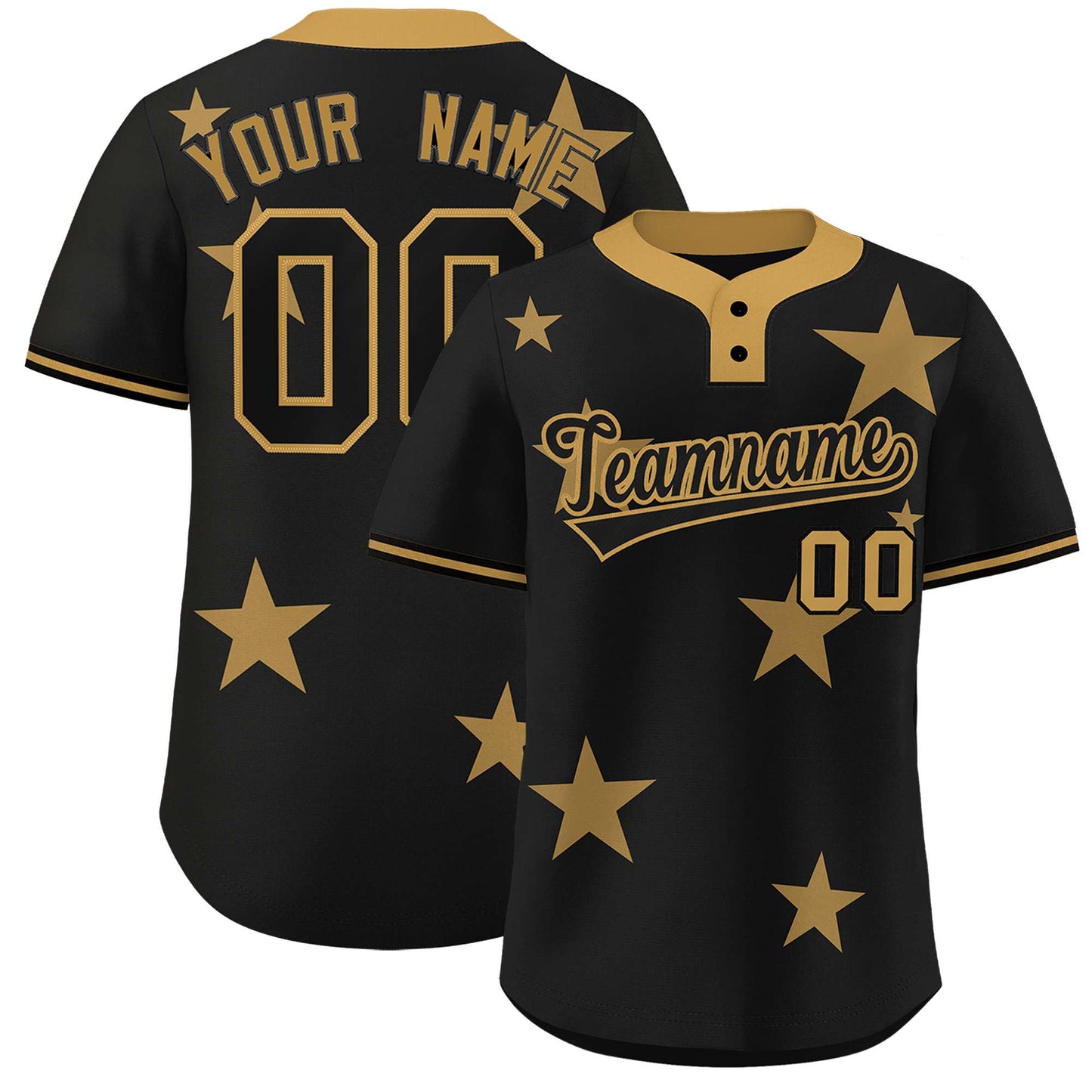 Custom Black Old Gold Personalized Star Graffiti Pattern Authentic Two-Button Baseball Jersey