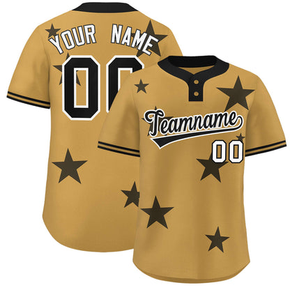 Custom Old Gold Black Personalized Star Graffiti Pattern Authentic Two-Button Baseball Jersey