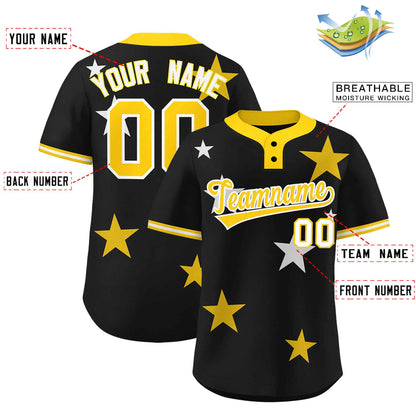 Custom Black Gold Personalized Star Graffiti Pattern Authentic Two-Button Baseball Jersey