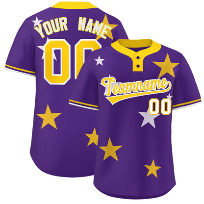 Custom Purple Gold Personalized Star Graffiti Pattern Authentic Two-Button Baseball Jersey