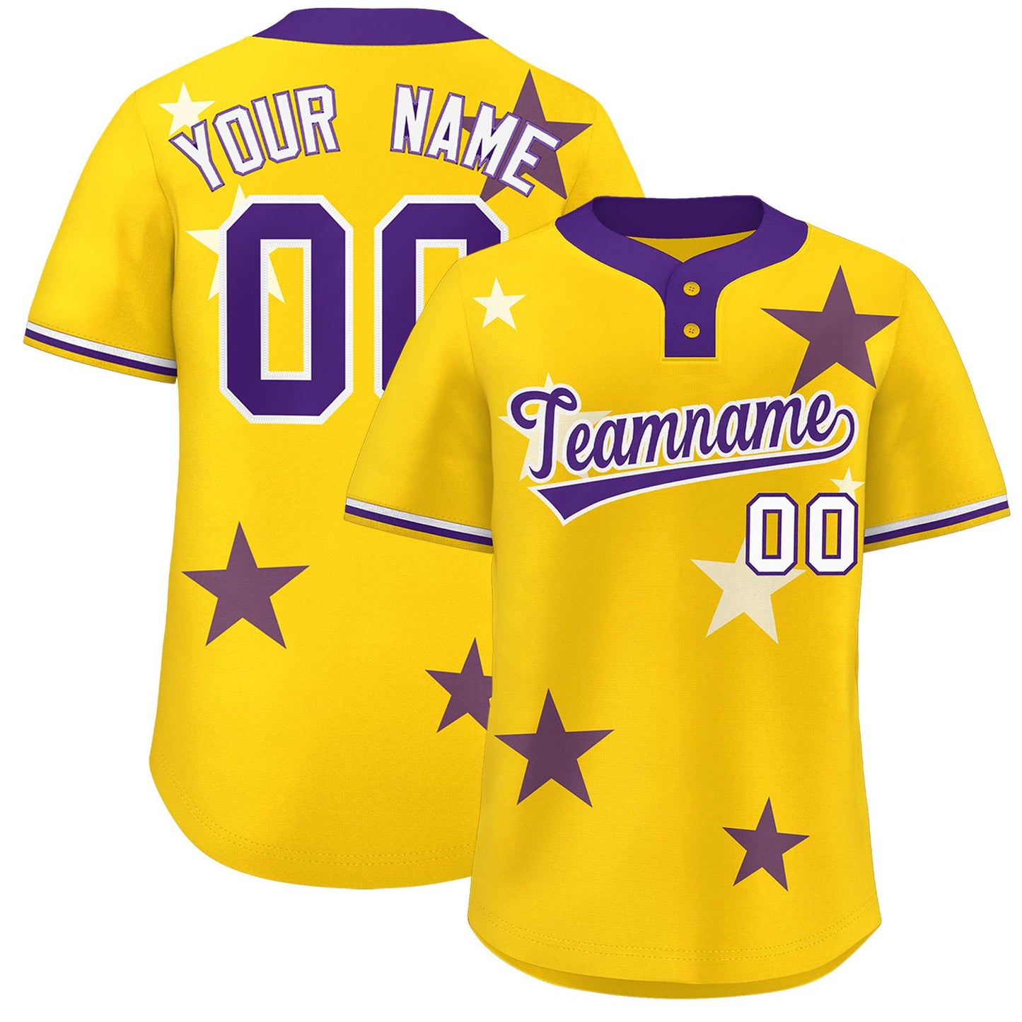 Custom Gold Purple Personalized Star Graffiti Pattern Authentic Two-Button Baseball Jersey