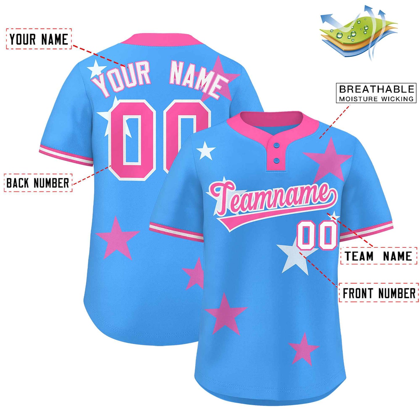 Custom Powder Blue Pink Personalized Star Graffiti Pattern Authentic Two-Button Baseball Jersey