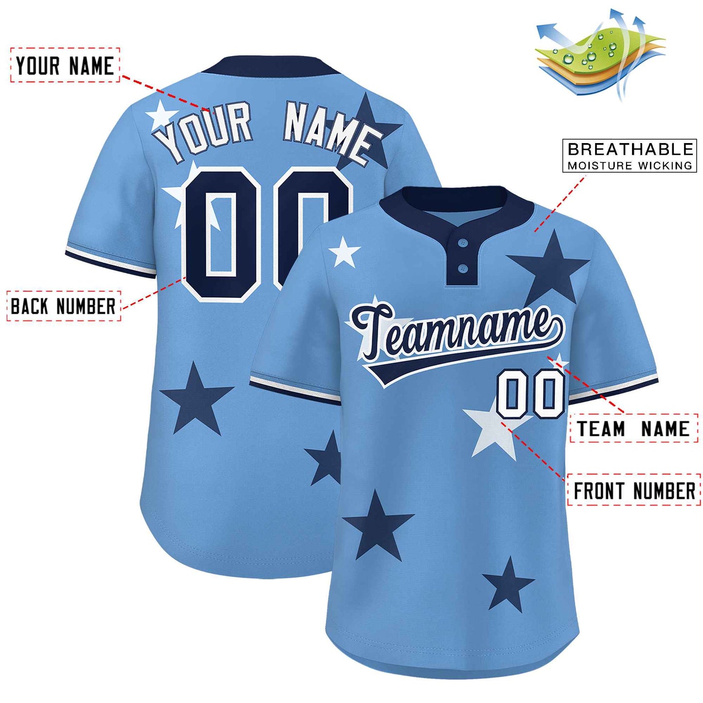 Custom Light Blue Navy Personalized Star Graffiti Pattern Authentic Two-Button Baseball Jersey