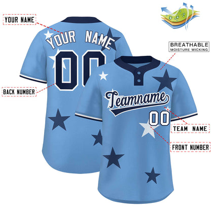 Custom Light Blue Navy Personalized Star Graffiti Pattern Authentic Two-Button Baseball Jersey