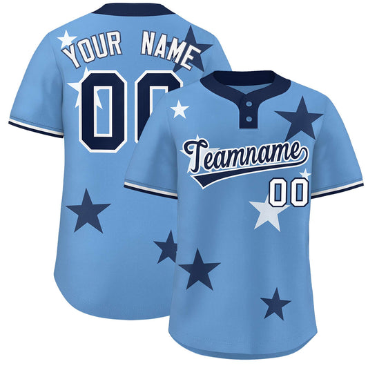 Custom Light Blue Navy Personalized Star Graffiti Pattern Authentic Two-Button Baseball Jersey