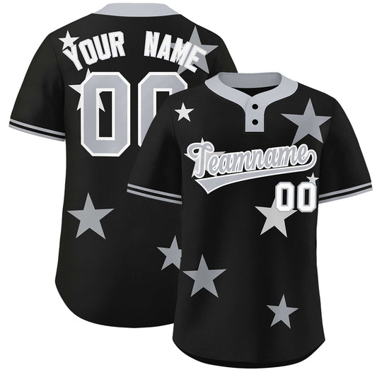 Custom Black Gray Personalized Star Graffiti Pattern Authentic Two-Button Baseball Jersey