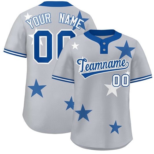 Custom Gray Royal Personalized Star Graffiti Pattern Authentic Two-Button Baseball Jersey