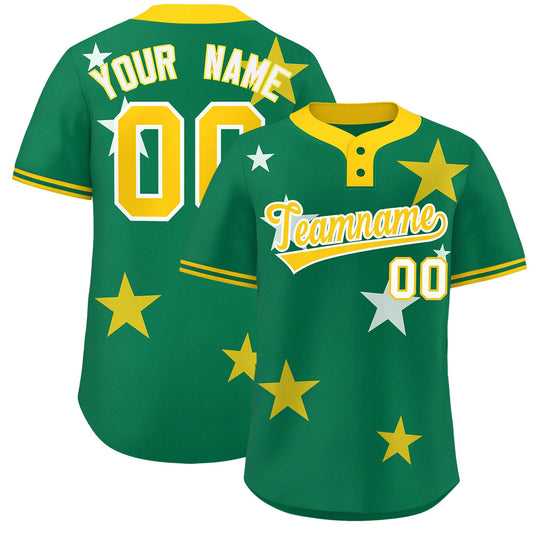 Custom Kelly Green Gold Personalized Star Graffiti Pattern Authentic Two-Button Baseball Jersey