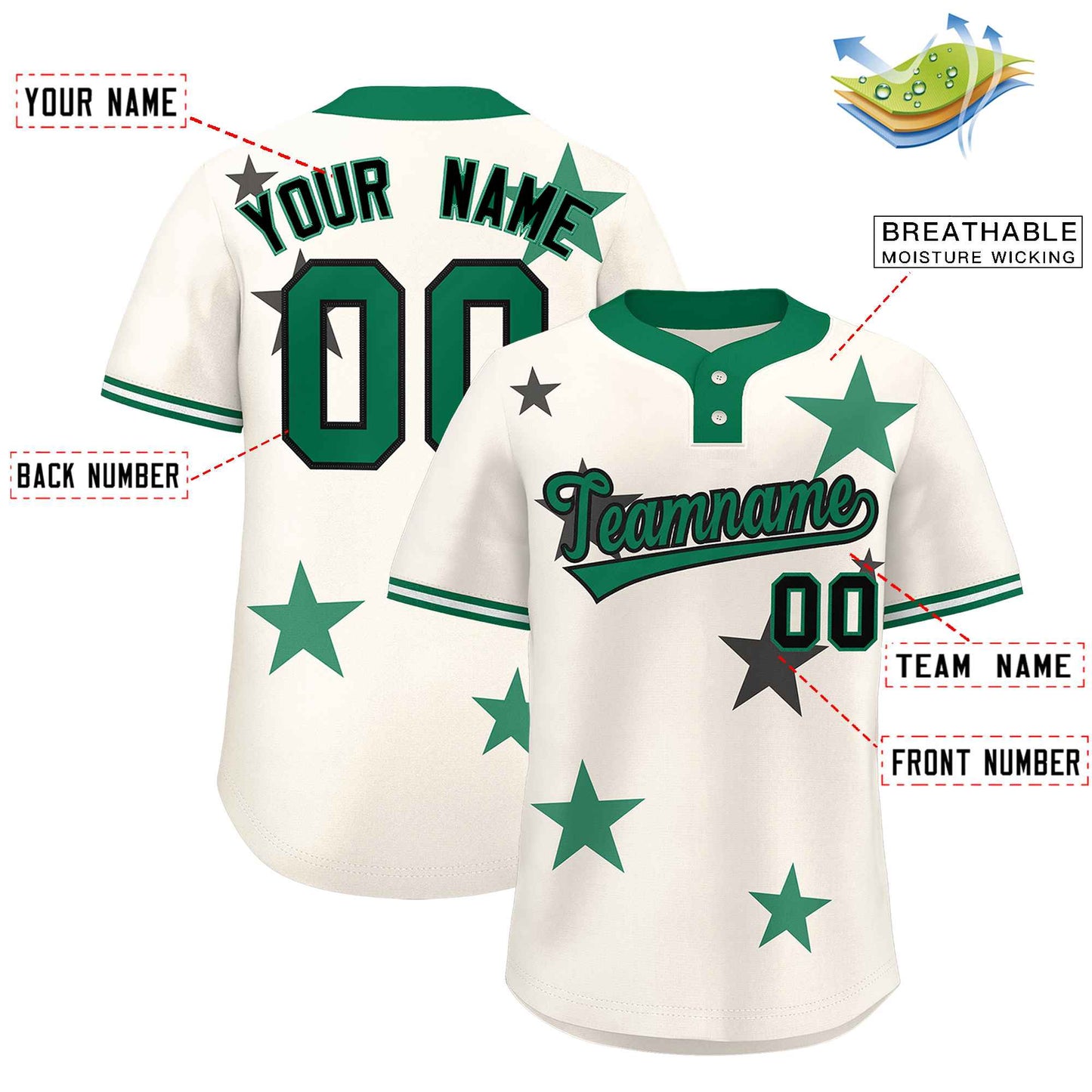 Custom Cream Kelly Green Personalized Star Graffiti Pattern Authentic Two-Button Baseball Jersey