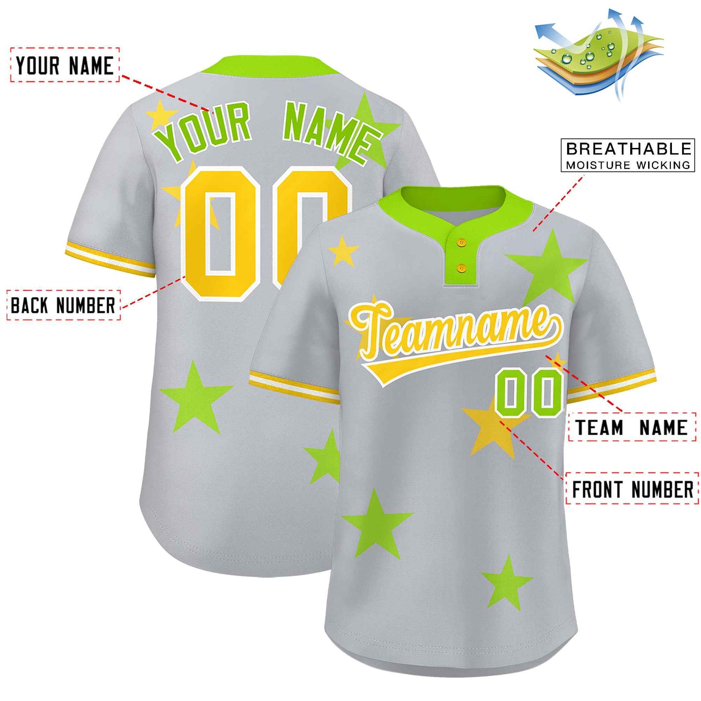 Custom Gray Neon Green Personalized Star Graffiti Pattern Authentic Two-Button Baseball Jersey