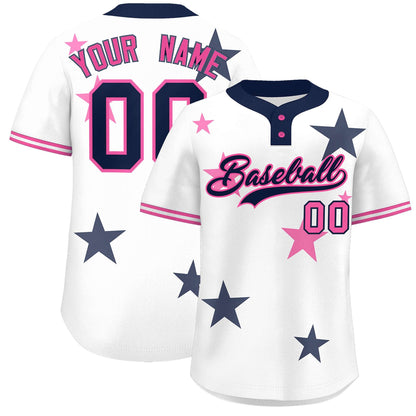 Custom White Navy Personalized Star Graffiti Pattern Authentic Two-Button Baseball Jersey