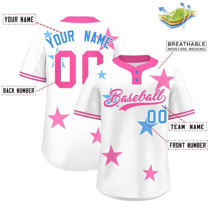 Custom White Pink Personalized Star Graffiti Pattern Authentic Two-Button Baseball Jersey