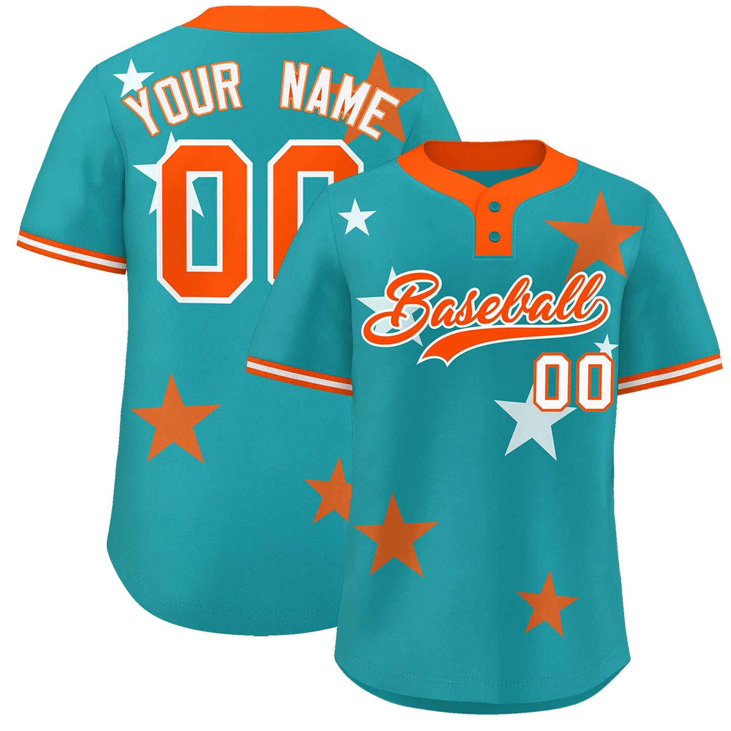 Custom Aqua Orange Personalized Star Graffiti Pattern Authentic Two-Button Baseball Jersey