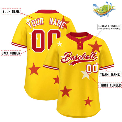 Custom Gold Red Personalized Star Graffiti Pattern Authentic Two-Button Baseball Jersey