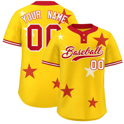 Custom Gold Red Personalized Star Graffiti Pattern Authentic Two-Button Baseball Jersey