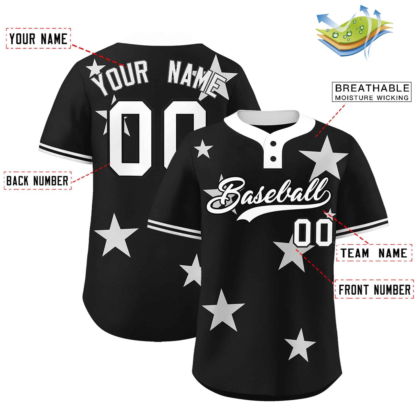 Custom Black White Personalized Star Graffiti Pattern Authentic Two-Button Baseball Jersey