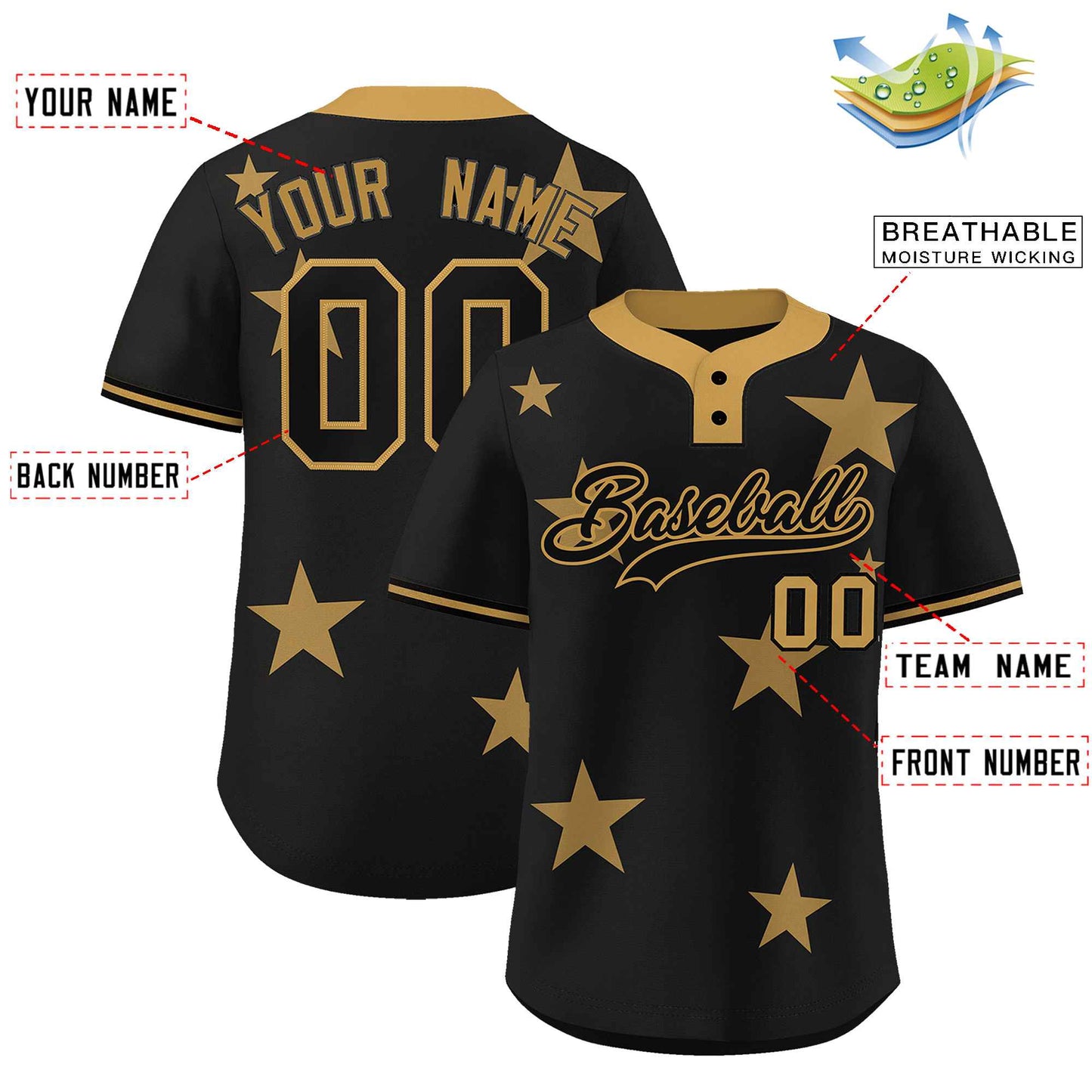 Custom Black Old Gold Personalized Star Graffiti Pattern Authentic Two-Button Baseball Jersey