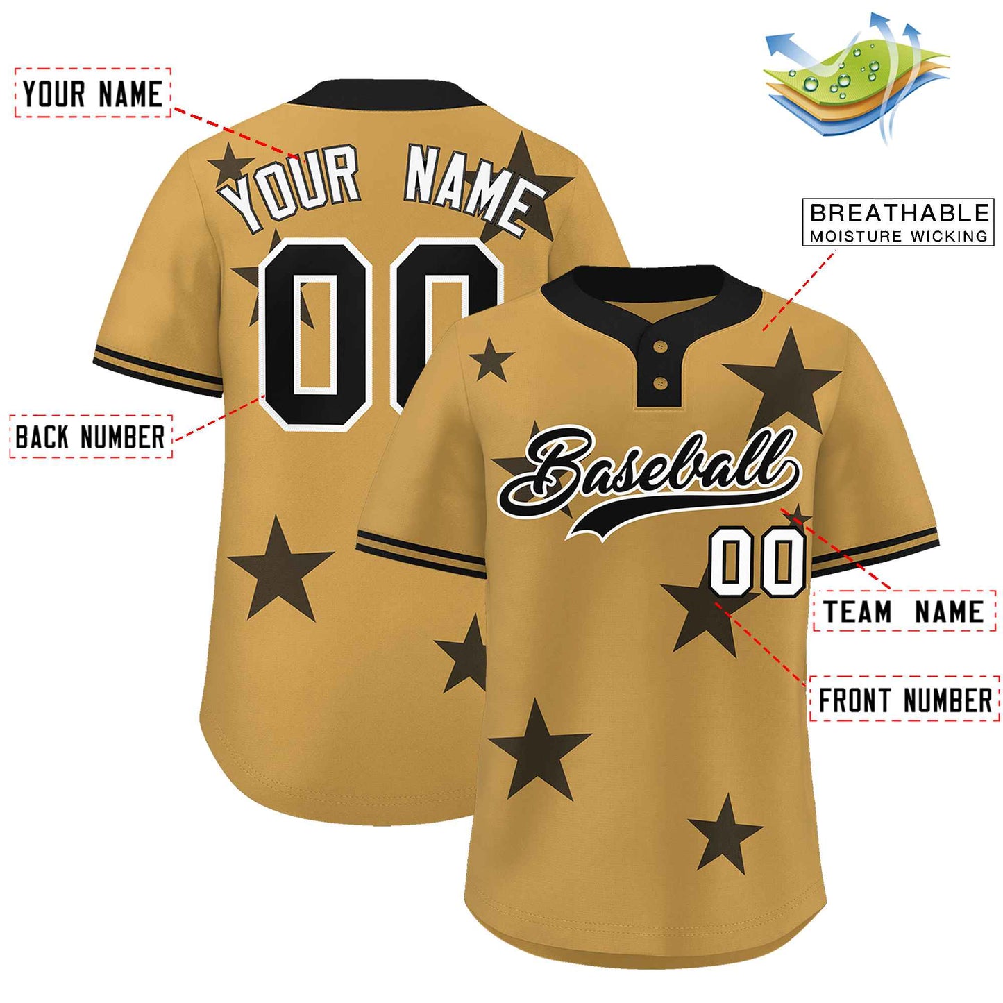 Custom Old Gold Black Personalized Star Graffiti Pattern Authentic Two-Button Baseball Jersey