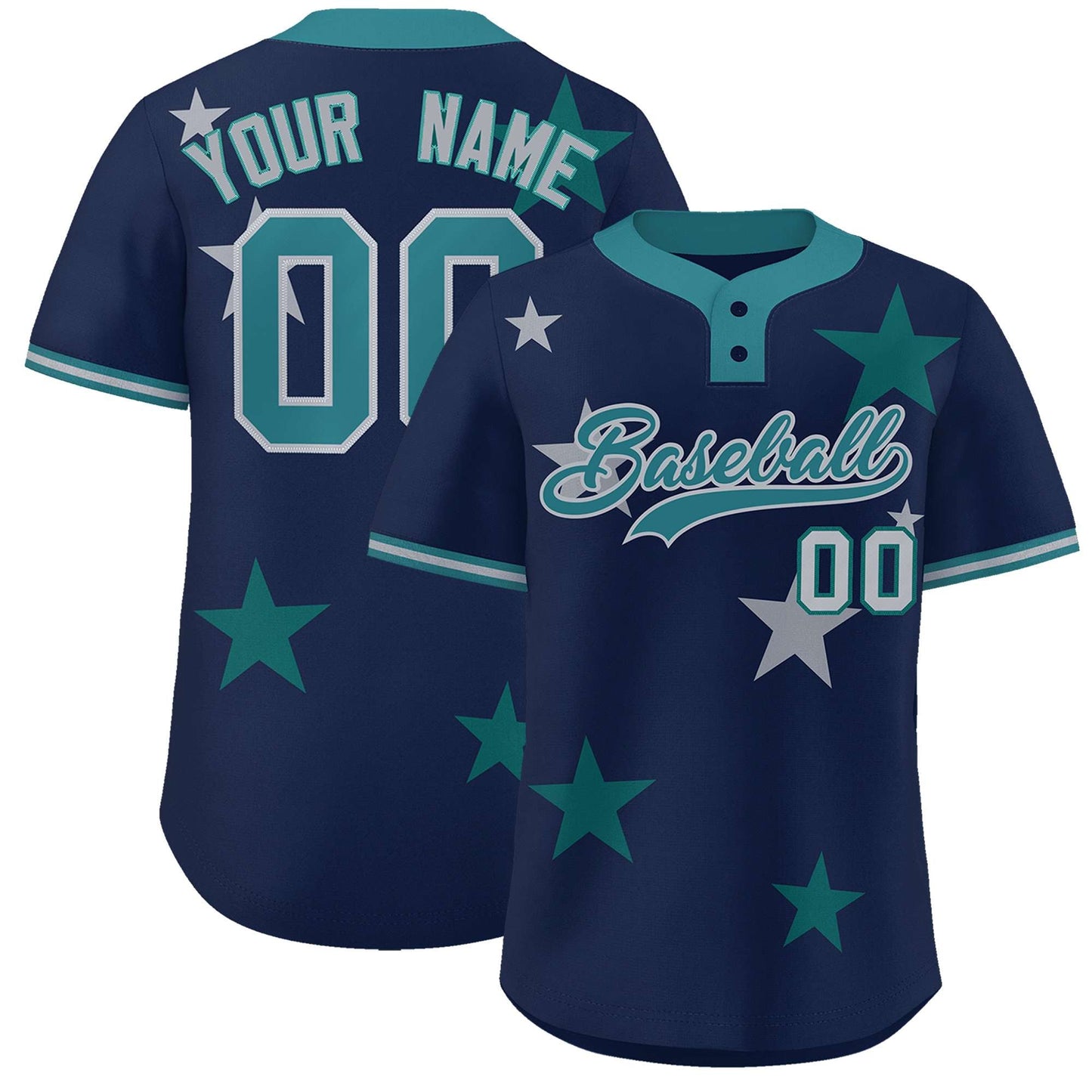 Custom Navy Aqua Personalized Star Graffiti Pattern Authentic Two-Button Baseball Jersey