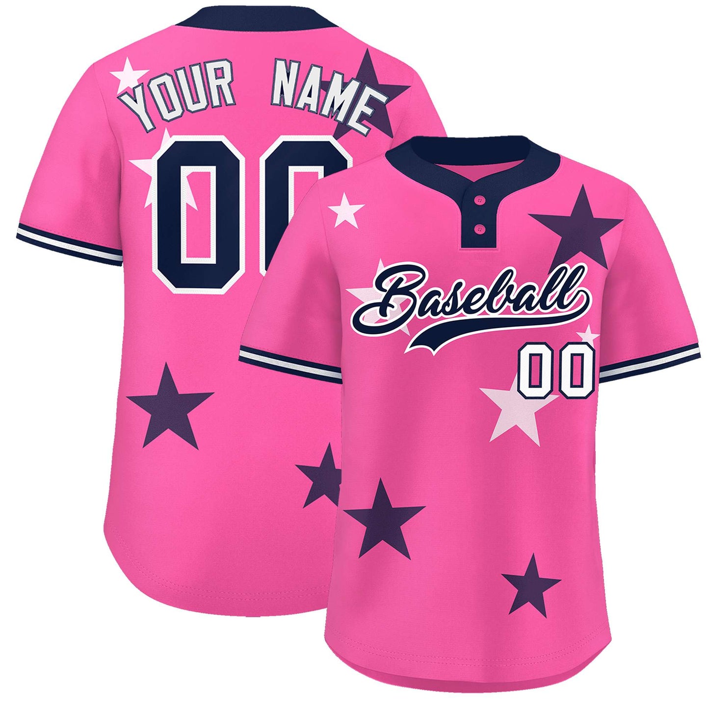 Custom Pink Navy Personalized Star Graffiti Pattern Authentic Two-Button Baseball Jersey