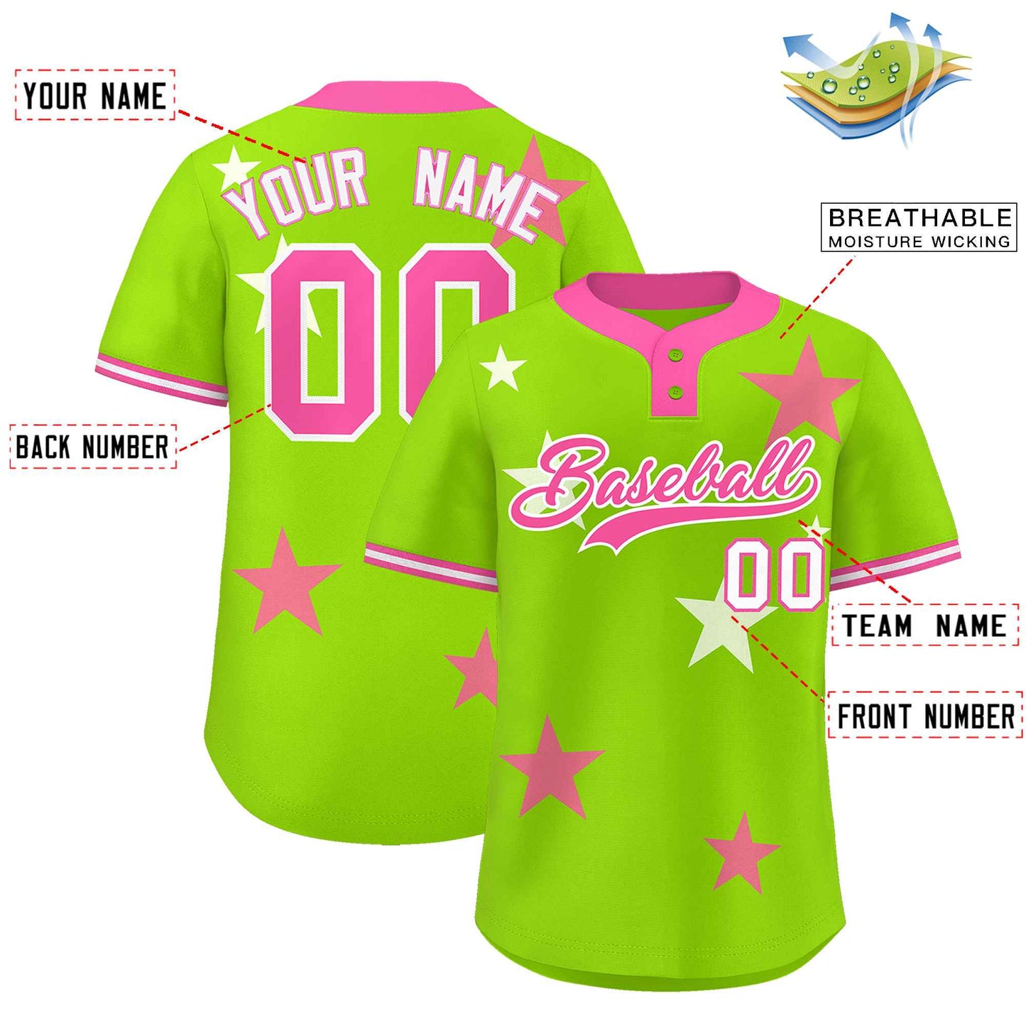 Custom Neon Green Pink Personalized Star Graffiti Pattern Authentic Two-Button Baseball Jersey