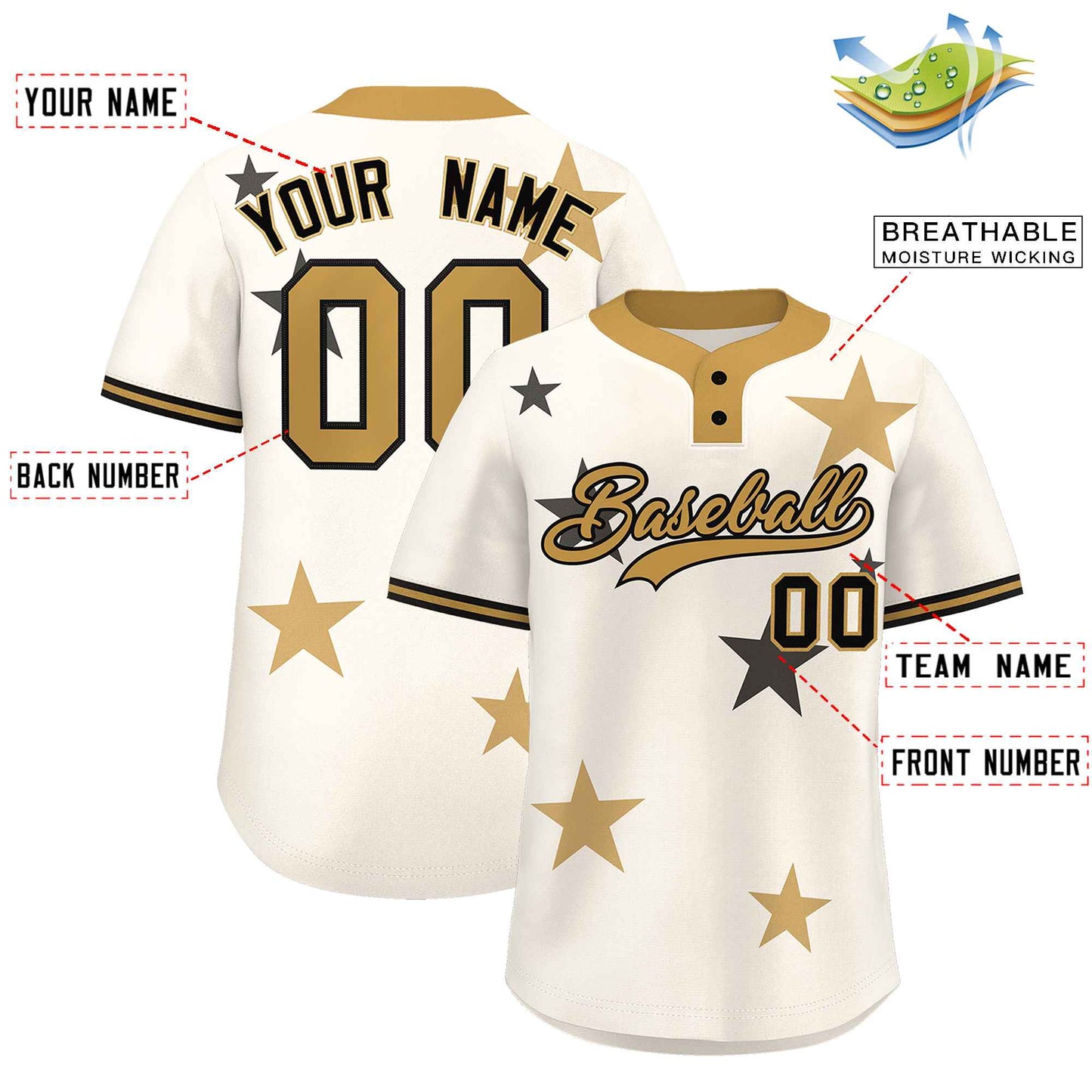 Custom Cream Old Gold Personalized Star Graffiti Pattern Authentic Two-Button Baseball Jersey