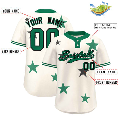 Custom Cream Kelly Green Personalized Star Graffiti Pattern Authentic Two-Button Baseball Jersey