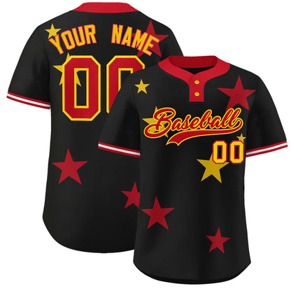 Custom Black Red Personalized Star Graffiti Pattern Authentic Two-Button Baseball Jersey