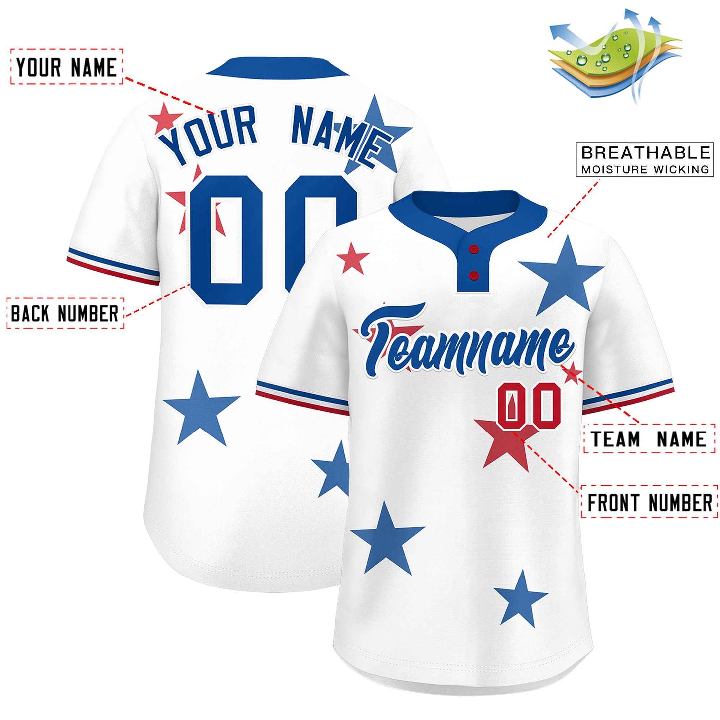 Custom White Royal Personalized Star Graffiti Pattern Authentic Two-Button Baseball Jersey