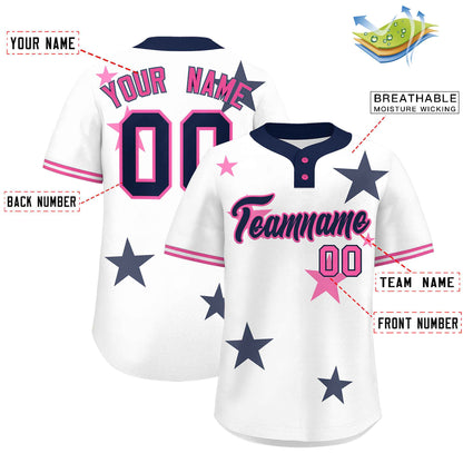 Custom White Navy Personalized Star Graffiti Pattern Authentic Two-Button Baseball Jersey