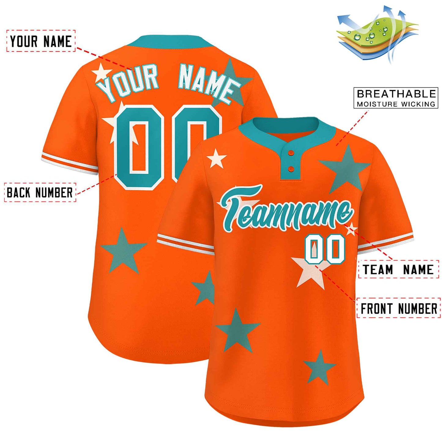 Custom Orange Aqua Personalized Star Graffiti Pattern Authentic Two-Button Baseball Jersey