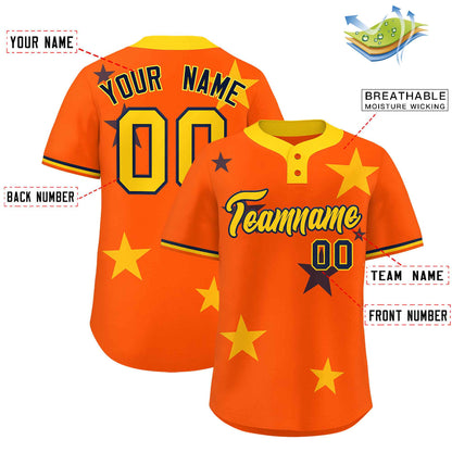 Custom Orange Gold Personalized Star Graffiti Pattern Authentic Two-Button Baseball Jersey