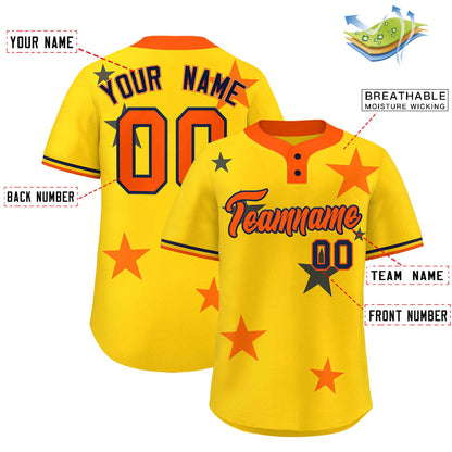 Custom Gold Orange Personalized Star Graffiti Pattern Authentic Two-Button Baseball Jersey