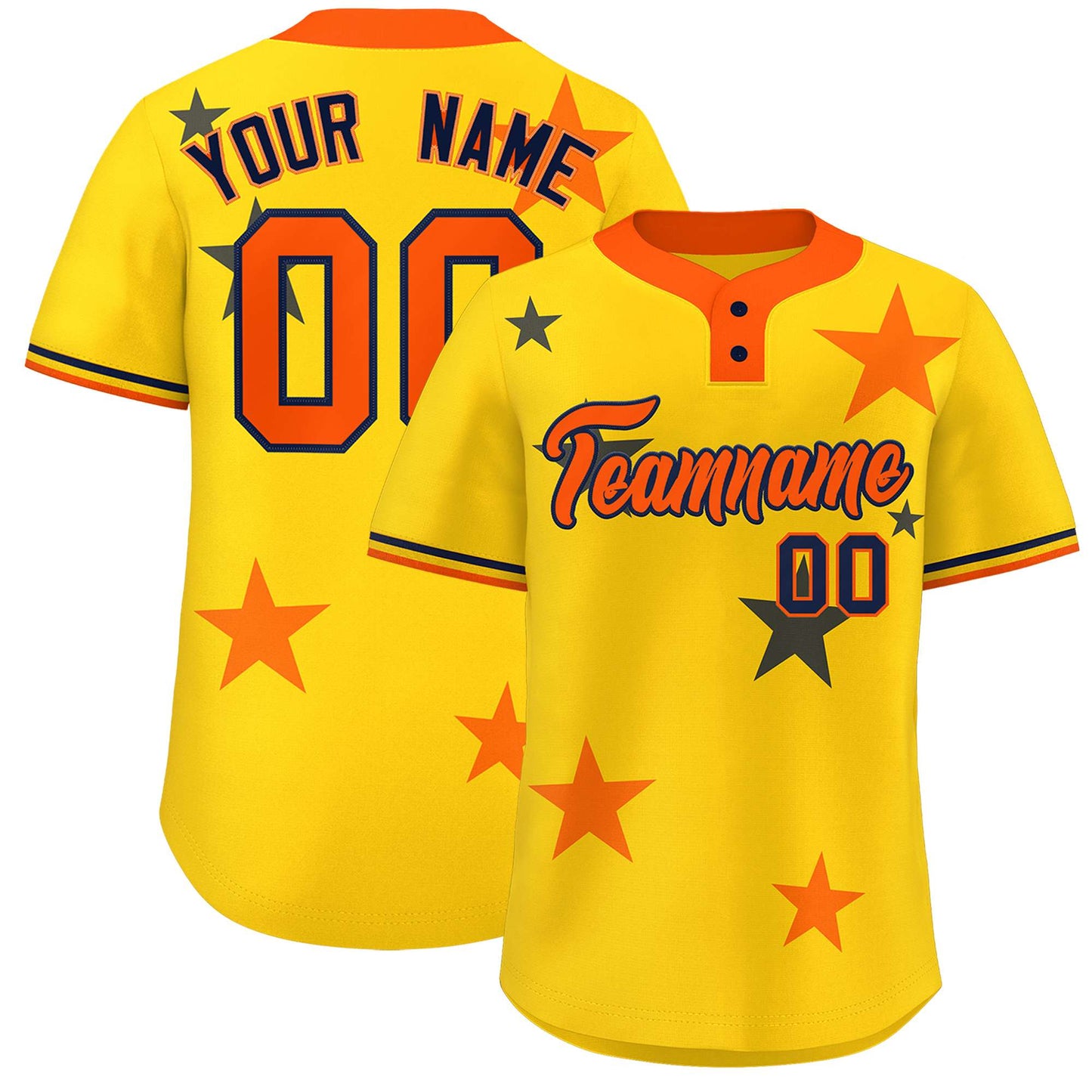 Custom Gold Orange Personalized Star Graffiti Pattern Authentic Two-Button Baseball Jersey