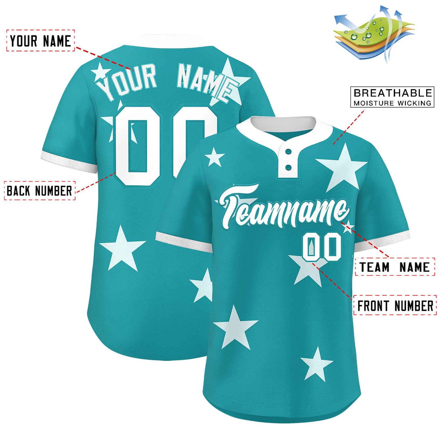 Custom Aqua White Personalized Star Graffiti Pattern Authentic Two-Button Baseball Jersey