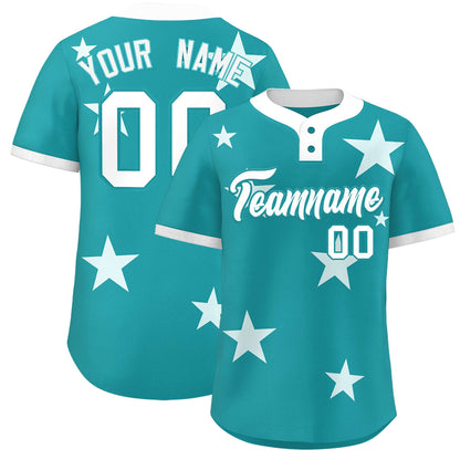 Custom Aqua White Personalized Star Graffiti Pattern Authentic Two-Button Baseball Jersey