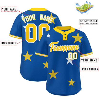 Custom Royal Gold Personalized Star Graffiti Pattern Authentic Two-Button Baseball Jersey