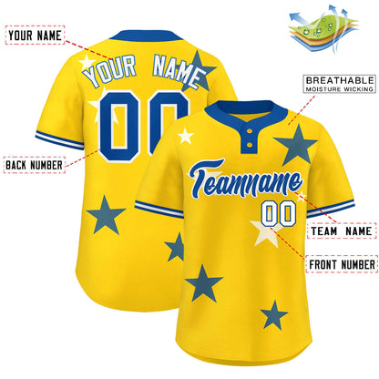 Custom Gold Royal Personalized Star Graffiti Pattern Authentic Two-Button Baseball Jersey