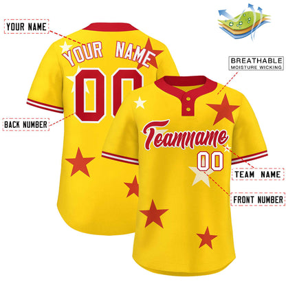 Custom Gold Red Personalized Star Graffiti Pattern Authentic Two-Button Baseball Jersey