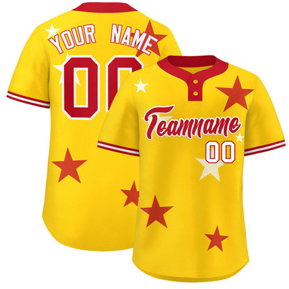 Custom Gold Red Personalized Star Graffiti Pattern Authentic Two-Button Baseball Jersey