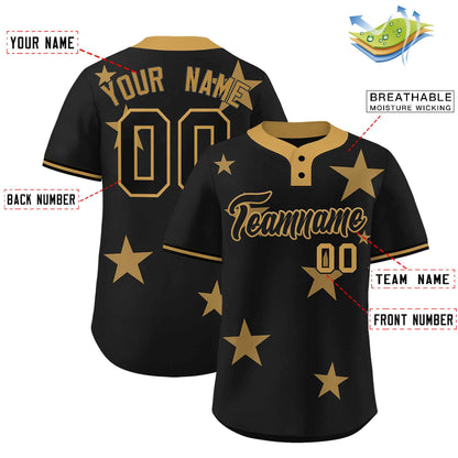 Custom Black Old Gold Personalized Star Graffiti Pattern Authentic Two-Button Baseball Jersey